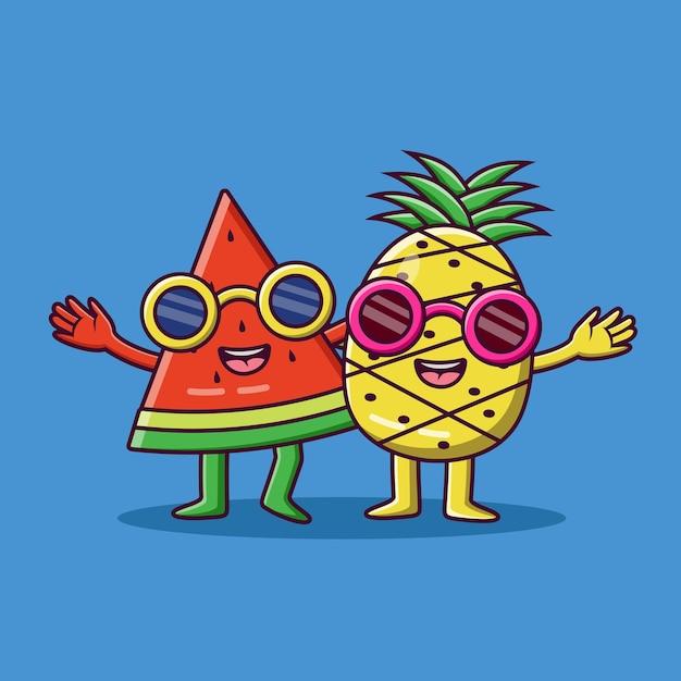 Cute cartoon watermelon and pineapple embracing each other