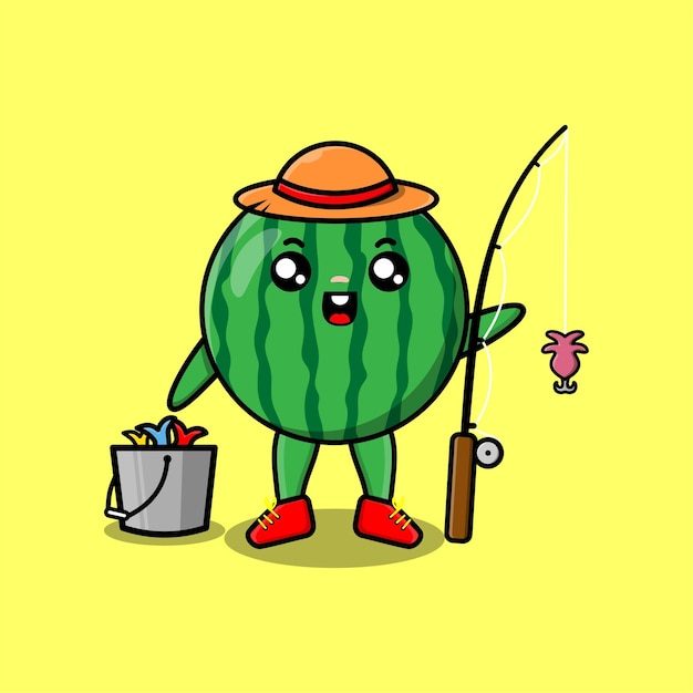 Cute cartoon watermelon ready fishing wearing fishing equipment cartoon character