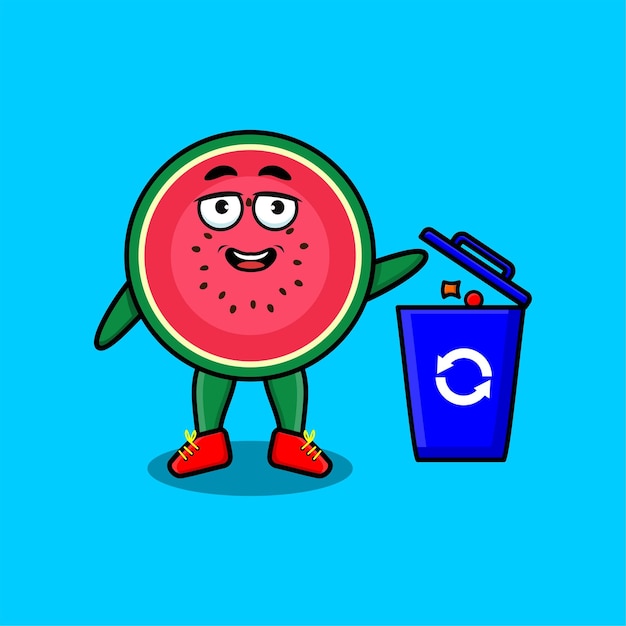 Cute cartoon watermelon throwing trash in the trash in 3d modern style design