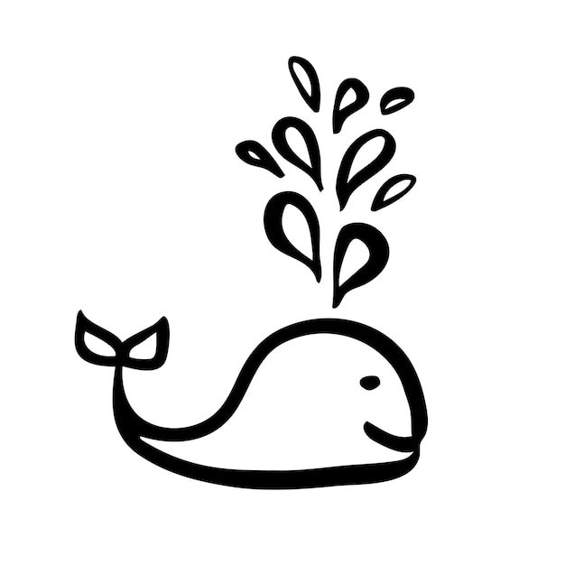 Cute cartoon whale hand painted with ink brush stroke