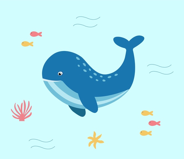 Cute cartoon whale swims with fish starfish and corals Vector illustration of ocean life