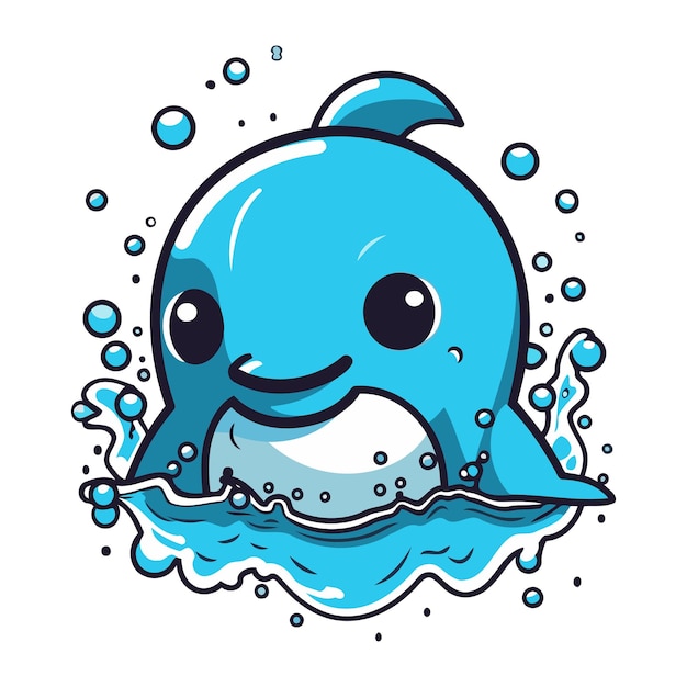 Cute cartoon whale in water Vector illustration isolated on white background