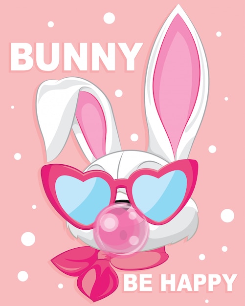 cute cartoon white bunny be happy with bubblegum