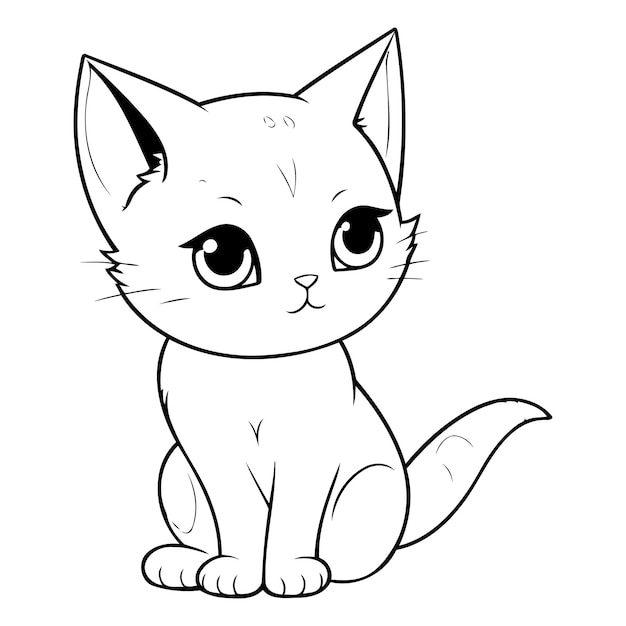 Cute cartoon white cat with blue eyes sitting Vector illustration