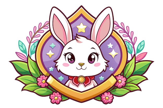 Cute Cartoon White Rabbit with Floral Frame and Stars