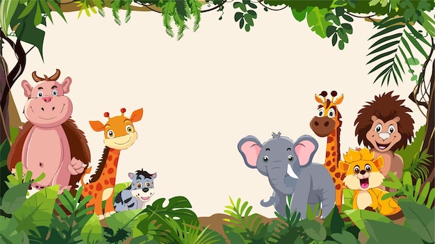 Cute Cartoon Wild Animal with Blank Board in Jungle