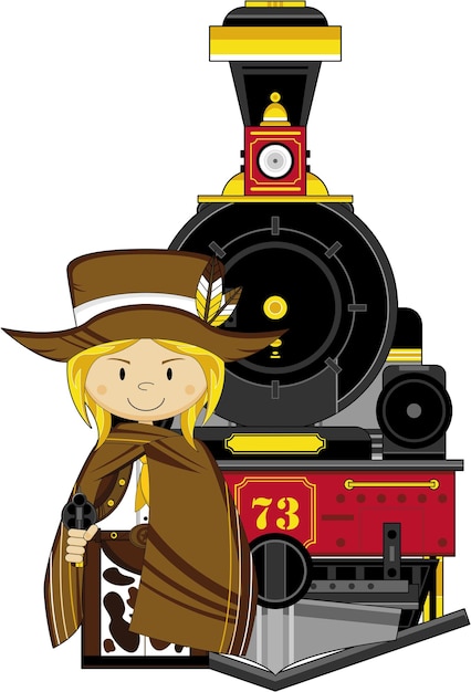 Cute Cartoon Wild West Cowboy Gunslinger and Western Style Steam Train