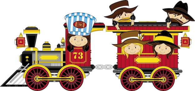 Cute Cartoon Wild West Cowboy Gunslingers on Western Style Steam Train