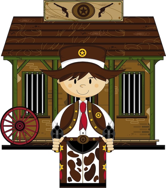 Cute Cartoon Wild West Cowboy Sheriff at the Jailhouse with Six Shooter Pistols