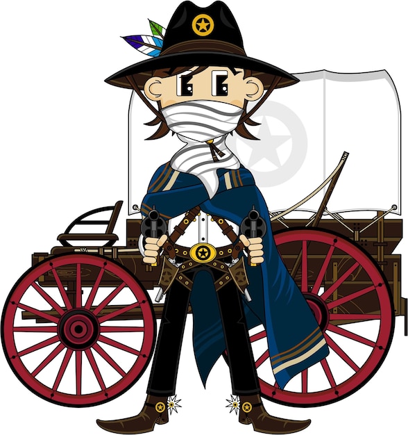 Cute Cartoon Wild West Cowboy Sheriff in Poncho and Mask with Western Style Chuck Wagon