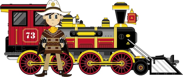 Cute Cartoon Wild West Cowboy Sheriff and Western Style Steam Train