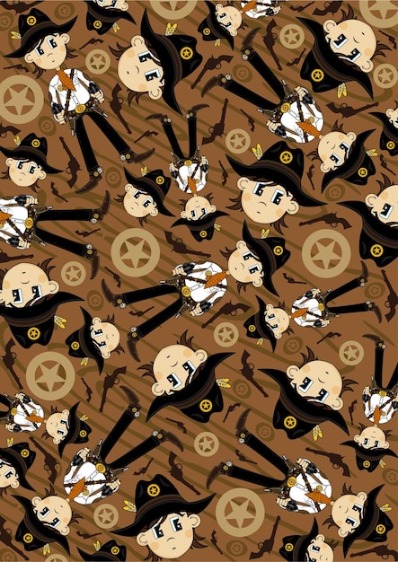 Cute Cartoon Wild West Gunslinging Cowboy Sheriff Pattern with Stars