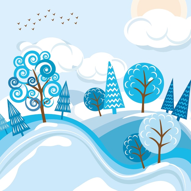 Cute cartoon winter land scape Winter forest