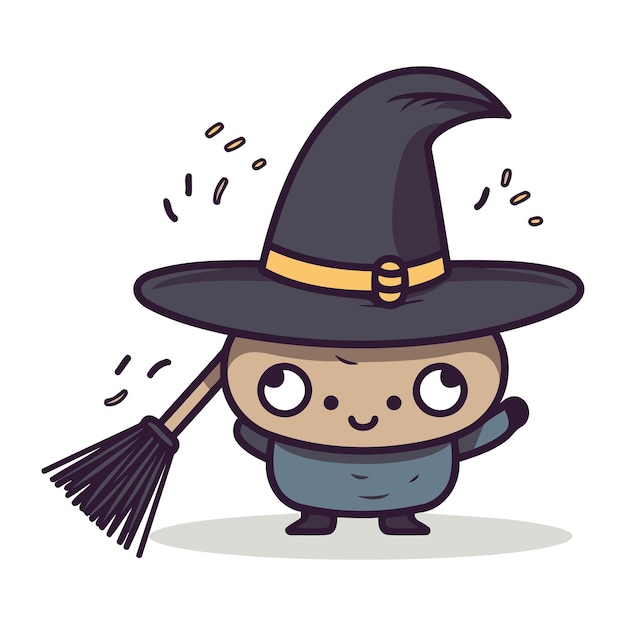 Cute Cartoon Witch Character with Broomstick Vector Illustration