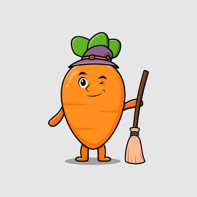 Cute cartoon witch shaped carrot character with hat and broomstick