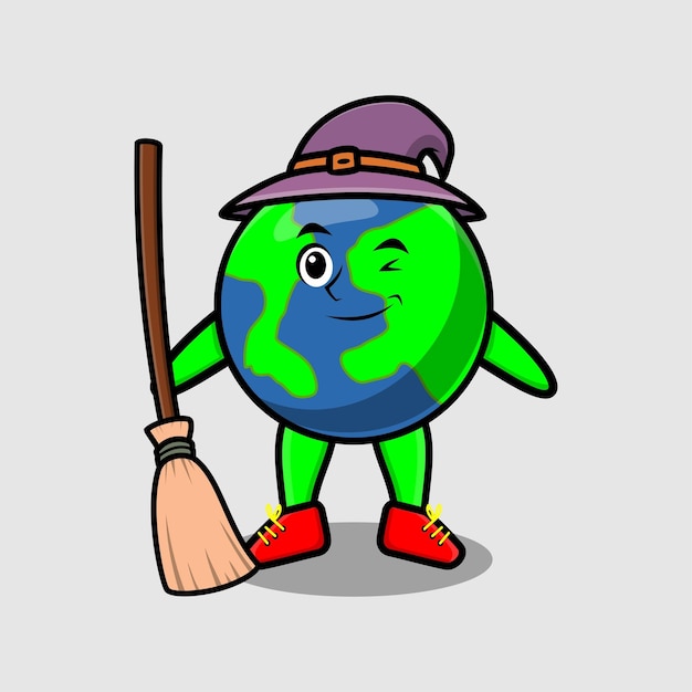 Cute cartoon witch shaped earth mascot with hat and broomstick cute modern stylish design for t-shirt, sticker, logo elements