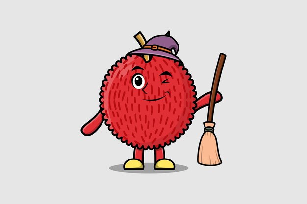 Cute cartoon witch shaped Lychee character with hat and broomstick cute style illustration