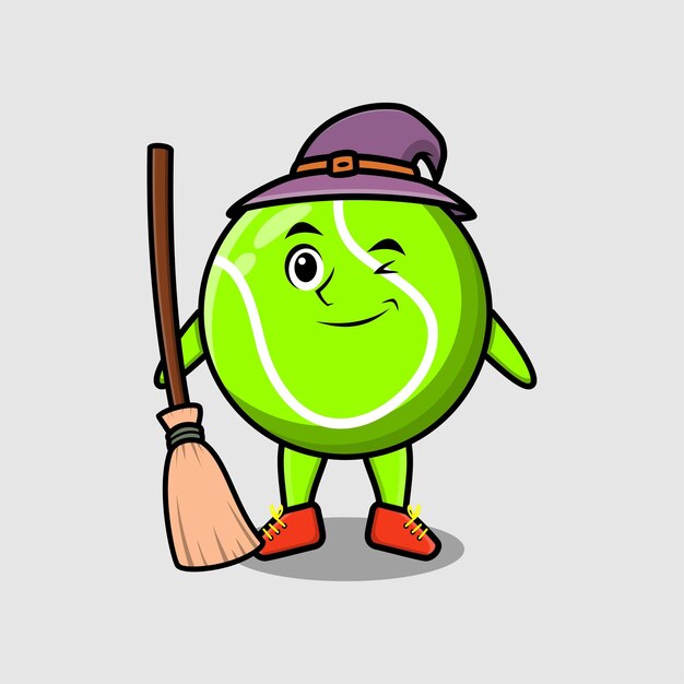 Vector cute cartoon witch shaped tennis ball character with hat and broomstick