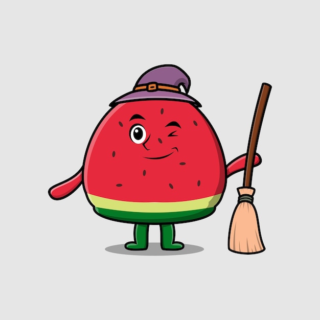 Cute cartoon witch shaped watermelon character with hat and broomstick cute style illustration