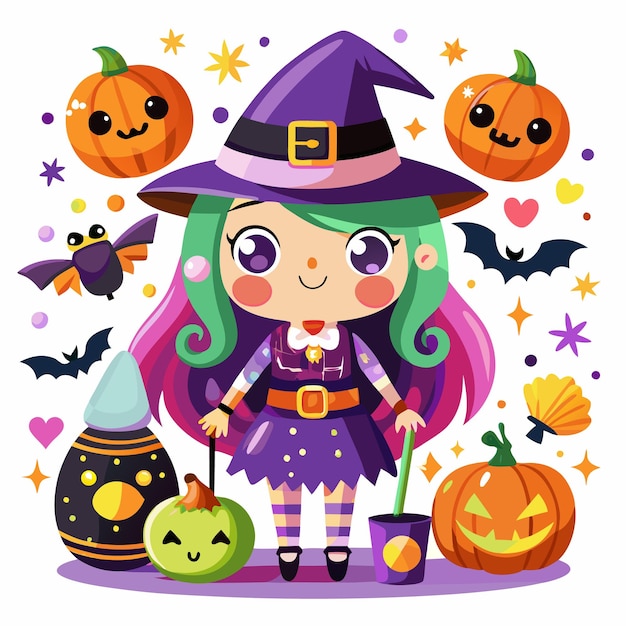 Cute Cartoon Witch with Pumpkins Bats and Stars