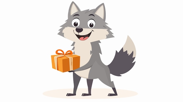 Vector cute cartoon wolf with gift flat color style