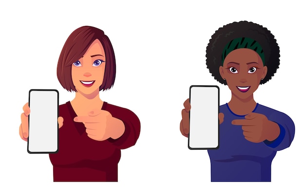 Cute Cartoon Women Pointing At Mobile Phone