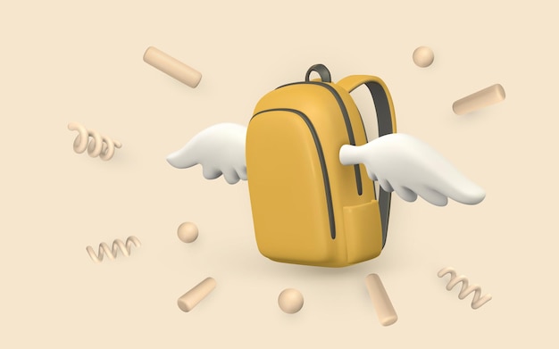 Cute cartoon yellow backpack with wings and confetti 3d realistic school bag Back to school concept Vector illustration