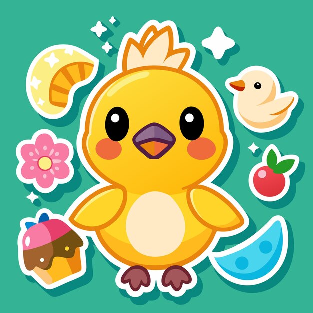 Vector cute cartoon yellow chick surrounded by a cupcake fruit and other cute stickerstyle icons on a green background