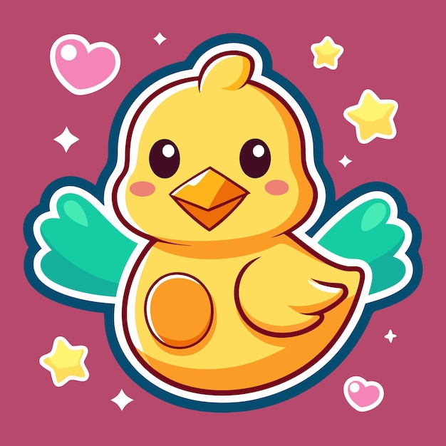 Cute cartoon yellow chick with big eyes and wings surrounded by hearts and stars