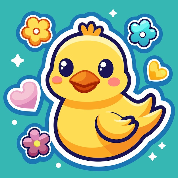 Cute cartoon yellow chick with flowers and hearts on a blue background