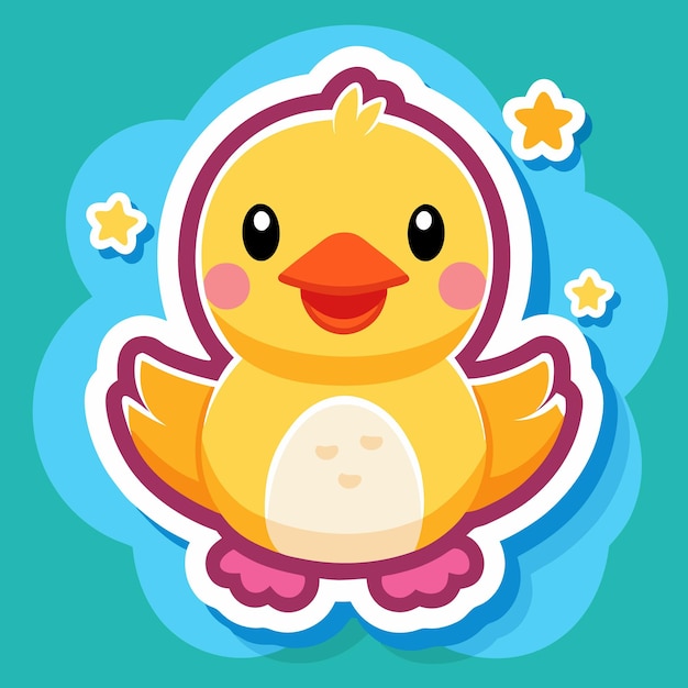 Cute cartoon yellow duck with a big smile in a blue cloud with three yellow stars