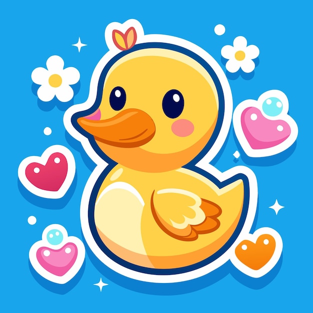 Vector cute cartoon yellow duck with hearts and flowers on a blue background