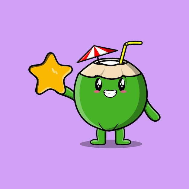 Cute cartoon Young coconut character holding big golden star in cute modern style design