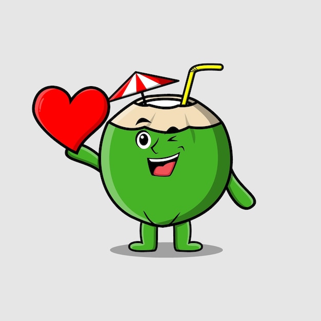 Cute cartoon Young coconut character holding big red heart in modern style design