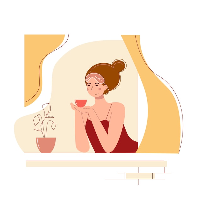 Cute cartoon young woman drinking tea in a window.