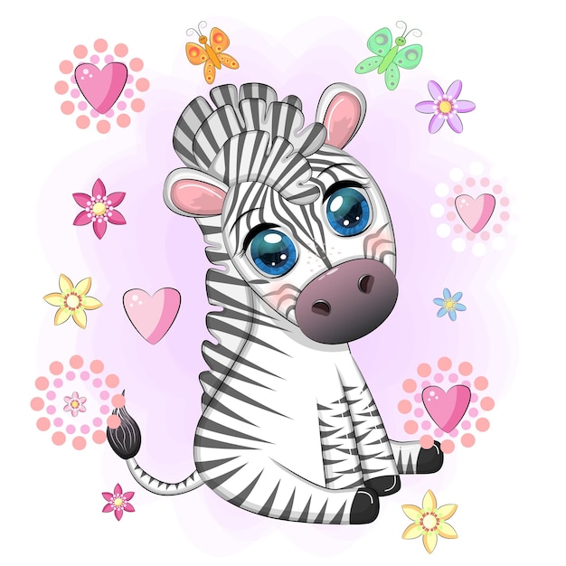 Cute cartoon zebra sits in flowers Childish striped character African animals