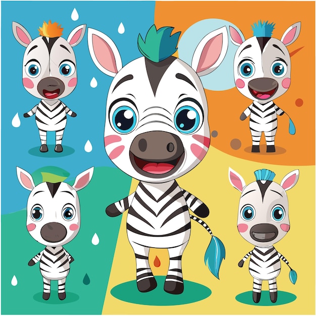 Vector cute cartoon zebras in various poses and colors