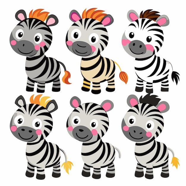 Cute cartoon zebras with different hair styles