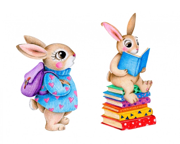 Cute cartoony back to school bunnies set  . Bunny with a backpack, bunny is reading a book.