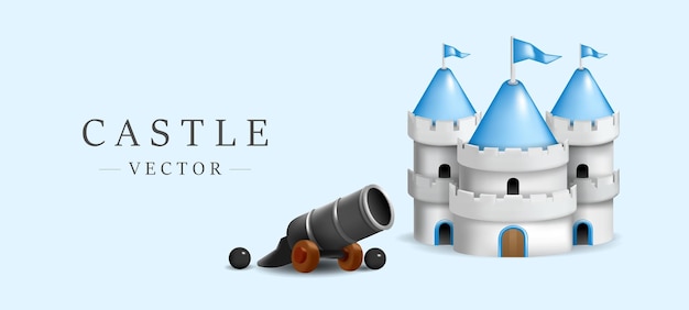 Cute castle 3d model with mini cannon  vector illustration on sky blue background