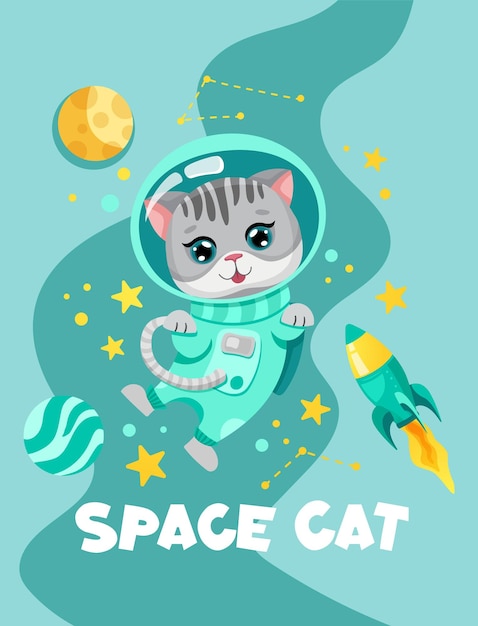 Cute cat astronaut in pink suit flying in open space Kitty exploring universe with planets stars