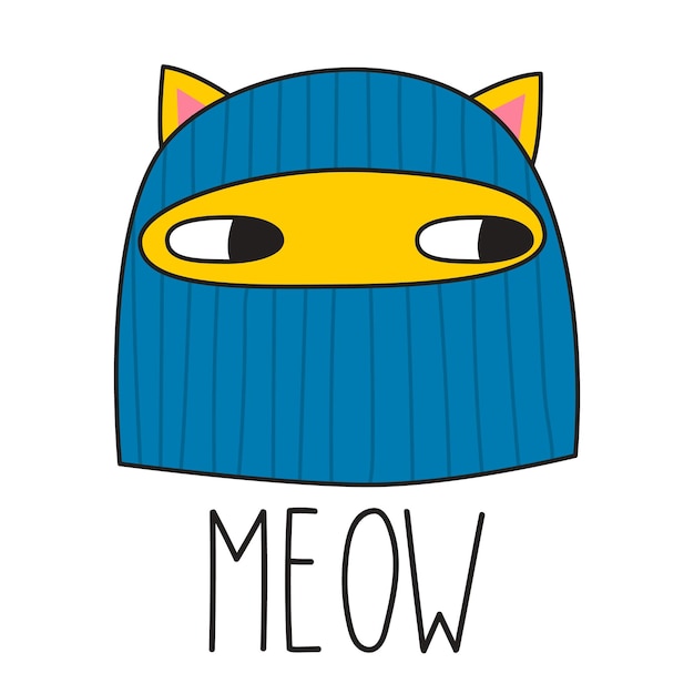 Cute cat in a balaclava and lettering MEOW. Doodle style. Vector illustration