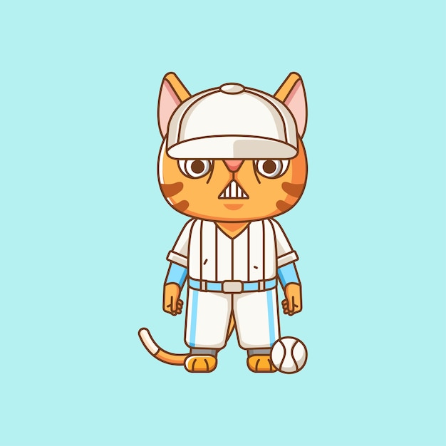 Cute cat Baseball player animal kawaii chibi character mascot illustration outline style design