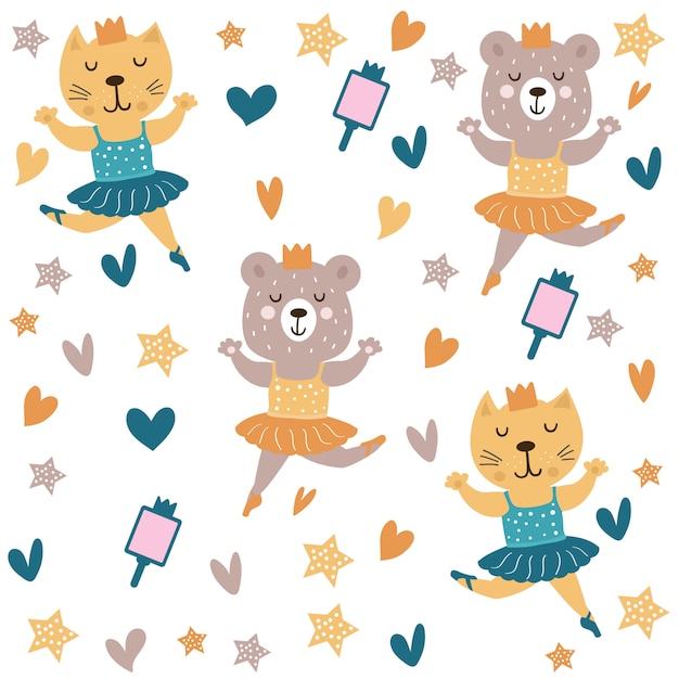 Cute Cat and Bear Dancing Ballet Pattern