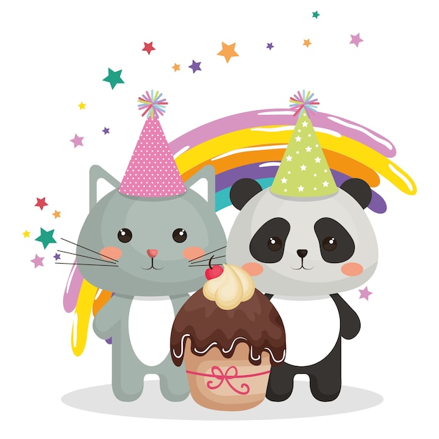 Cute cat and bear panda sweet kawaii character birthday card