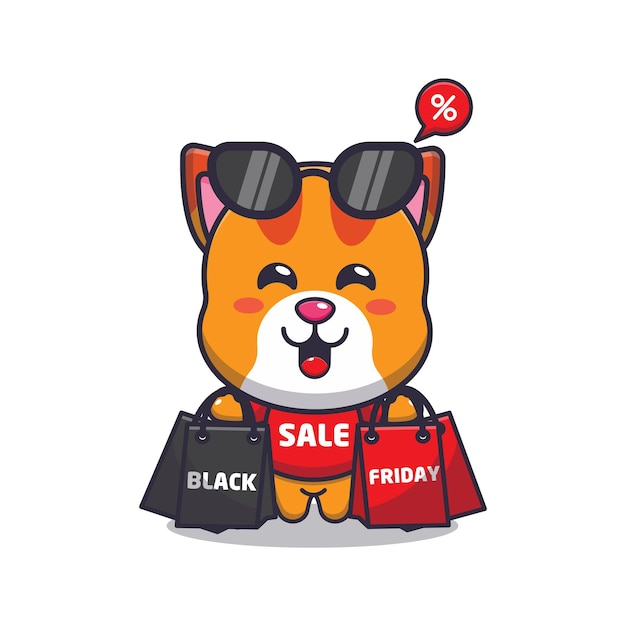 Cute cat in black friday cartoon mascot illustration