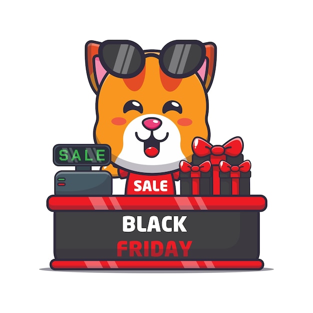 Cute cat in black friday cartoon mascot illustration