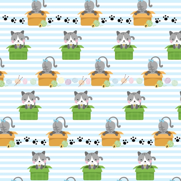 Cute cat in box vector seamless pattern