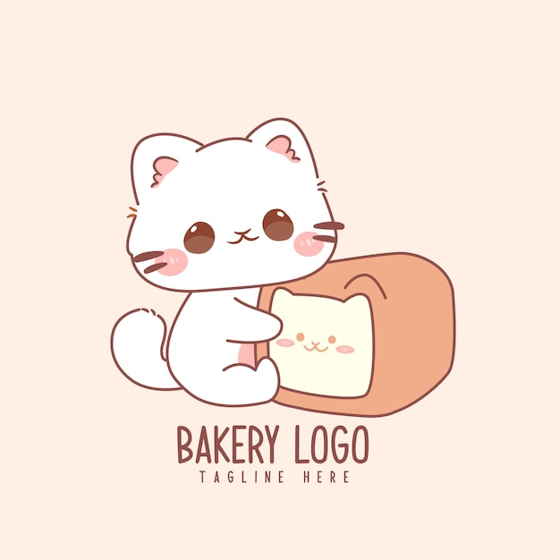 Cute cat in bread cartoon vector icon illustration kawaii hand drawn logo for bakery