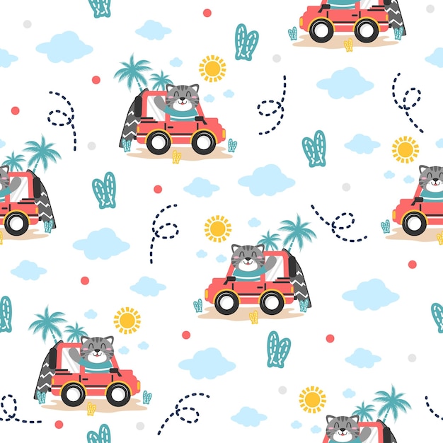 Cute cat in car cartoon trendy pattern background concepts